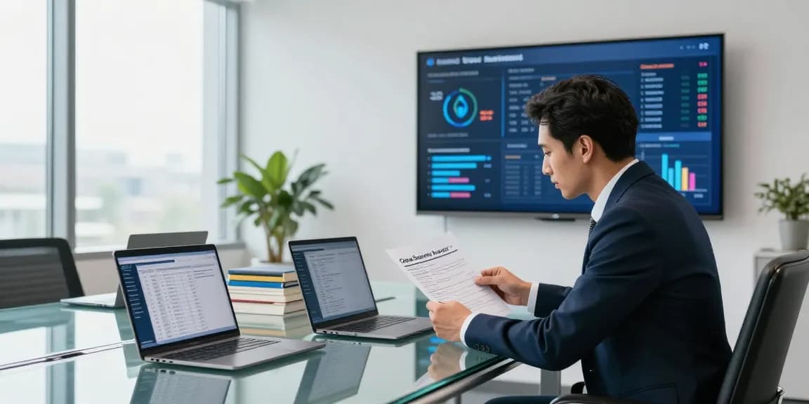 Cyber Essentials assessor reviewing cybersecurity documents in a modern office setting.