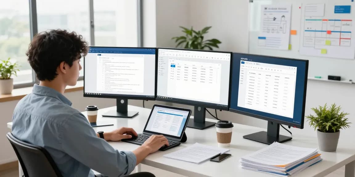 WPS Download tools enhancing productivity in a modern workspace with multi-monitor setup.