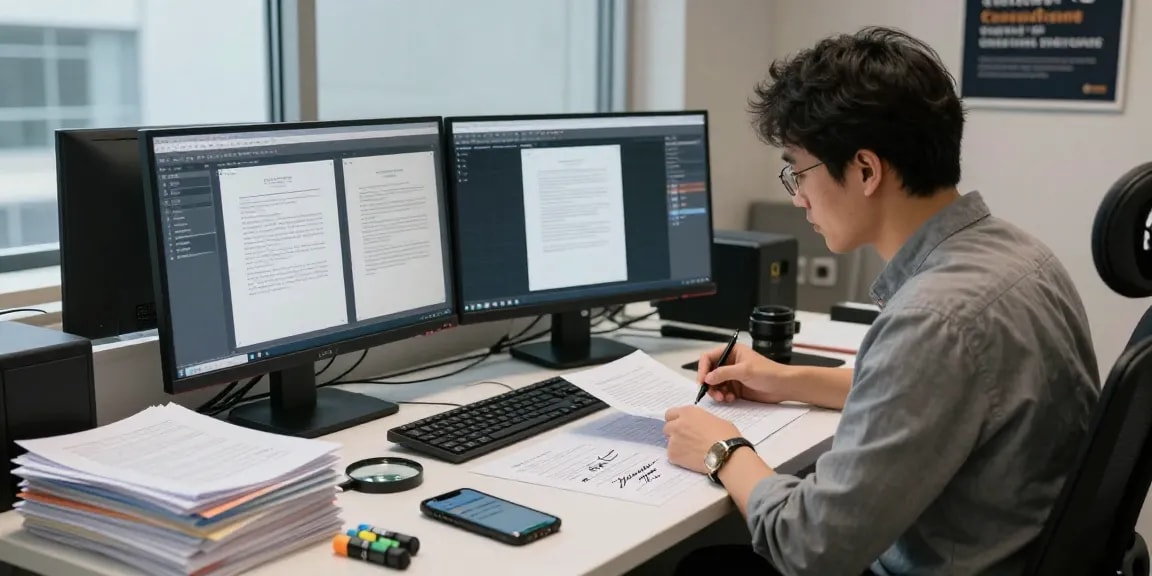 Document fraud detection workspace with analyst reviewing fraudulent documents and software analysis tools.