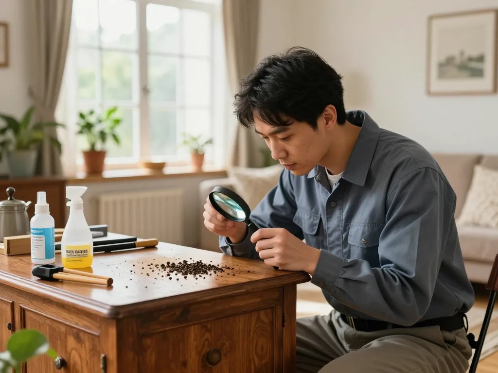 Esperto che ispeziona mobili in legno per segni di eliminazione del coleottero del legno, mostrando metodi professionali di controllo dei parassiti.