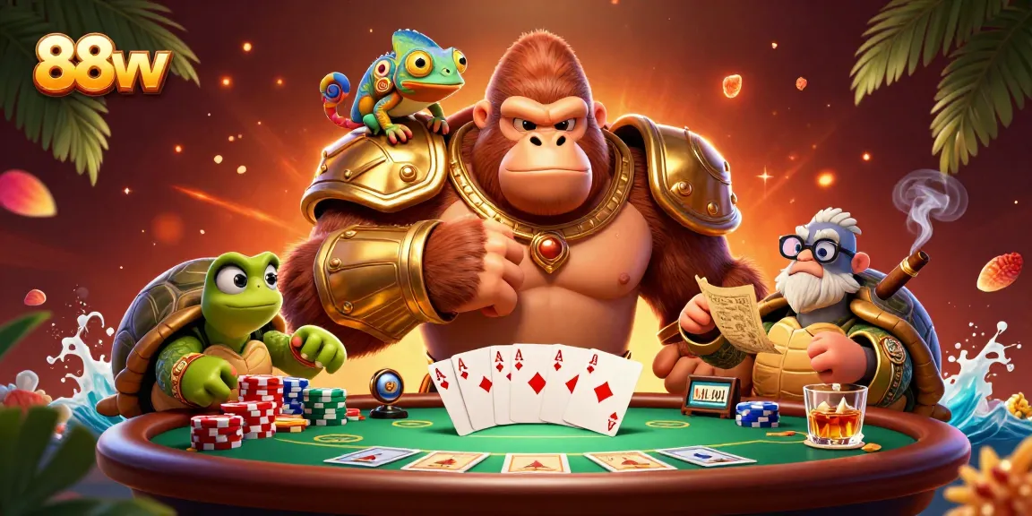 Immerse in the 88vv casino experience with dynamic gorilla, chameleon, and tortoise surrounded by poker elements.