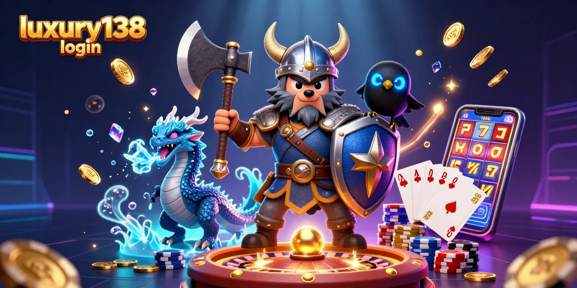 Engage with thrilling games at luxury138 login, featuring cartoon warriors and vibrant casino elements.