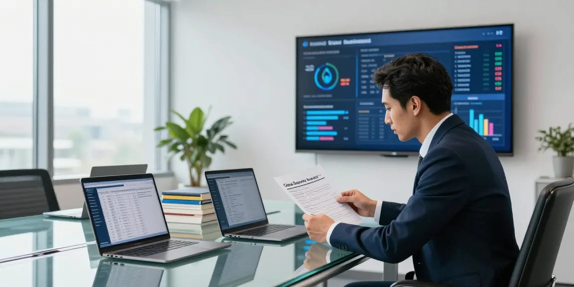 Cyber Essentials assessor reviewing cybersecurity documents in a modern office setting.