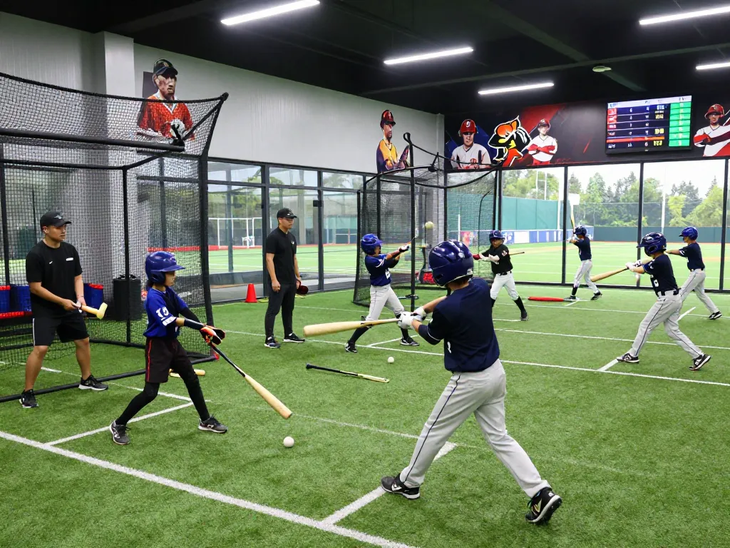 Hitclub training scene with young athletes practicing baseball hitting in a bright sports facility