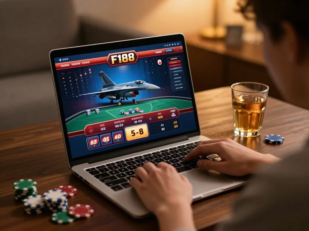 Engaging with F168 casino games on a laptop in a cozy home setting.