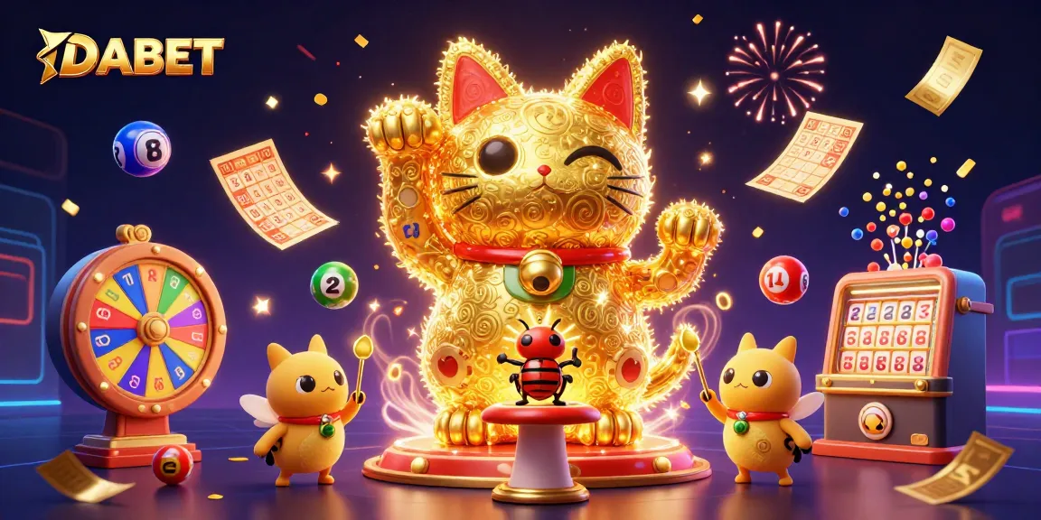 DABET offers a vibrant casino experience with animated lottery elements and a lucky cat symbol.
