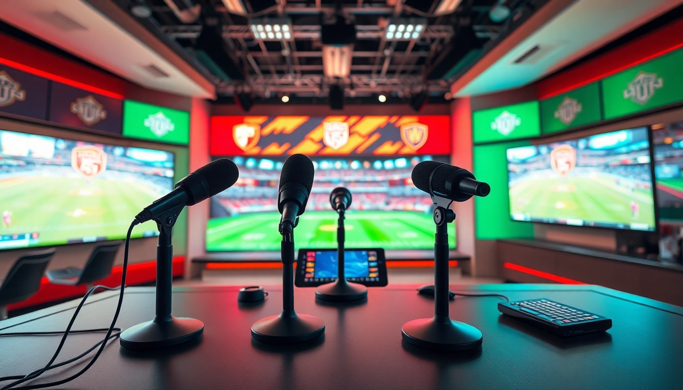 Broadcasting sports events live from a modern studio with dynamic visuals.