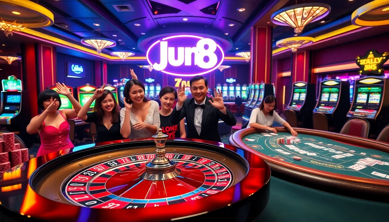 Experience the thrill of jun 88 with vibrant casino games and excited players at the blackjack table.