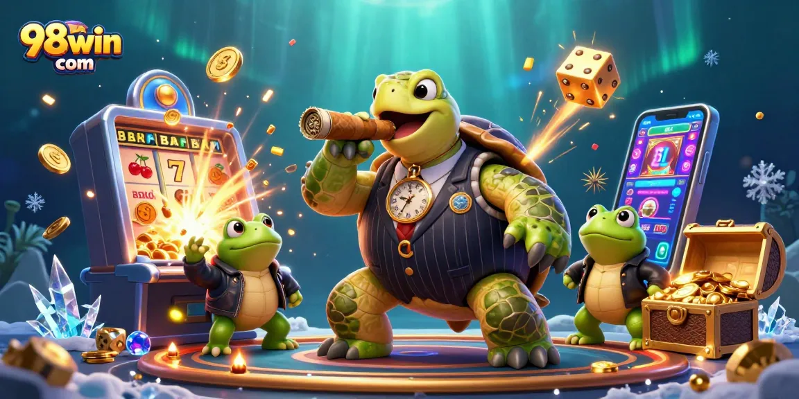 The 98win com casino scene showcases a snapping turtle and bullfrog enforcers amid jackpot excitement