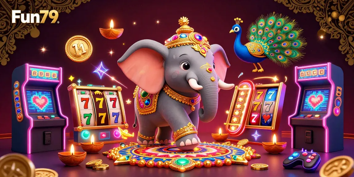Spin and win at Fun79, where a vibrant casino scene features a golden elephant and slot games.