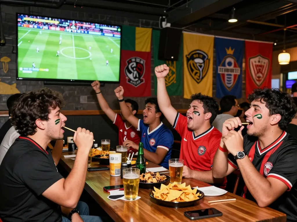 Excited fans enjoying a live football match while participating in Judi Bola betting.
