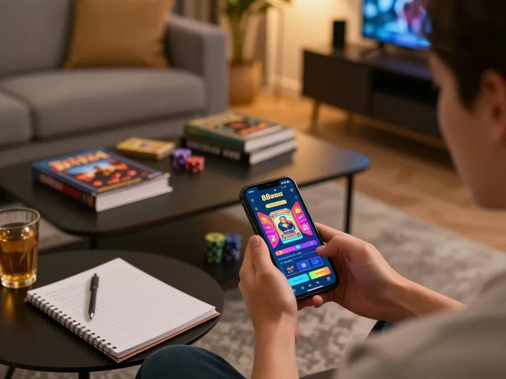 Engaging with the 88aa mobi app for online casino gaming in a cozy living room.