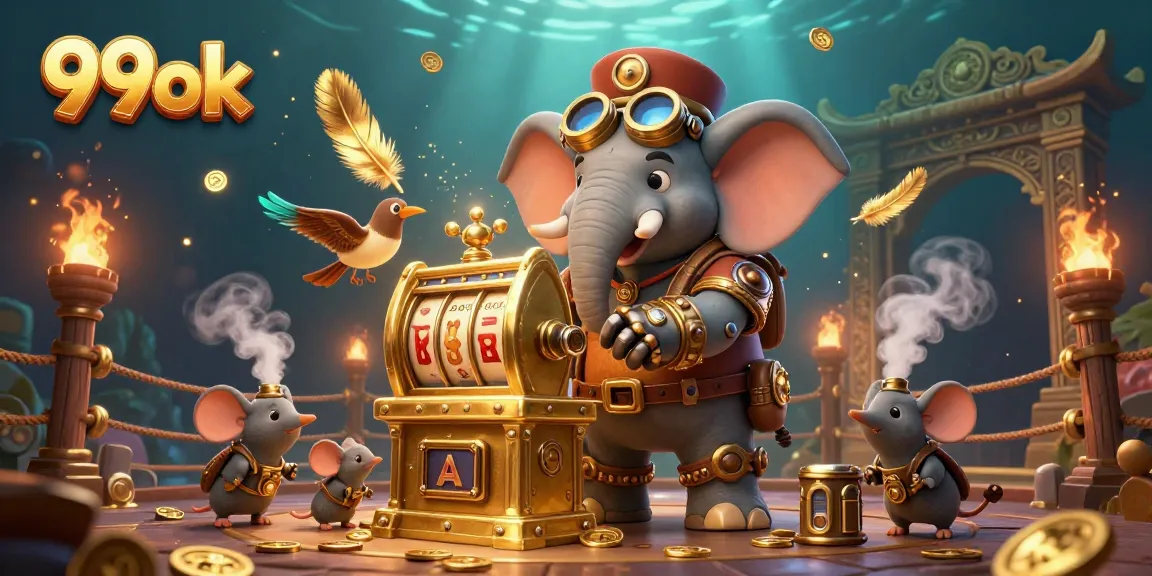Engage with 99ok in a vibrant steampunk casino scene, featuring an elephant engineer spinning a golden slot machine.