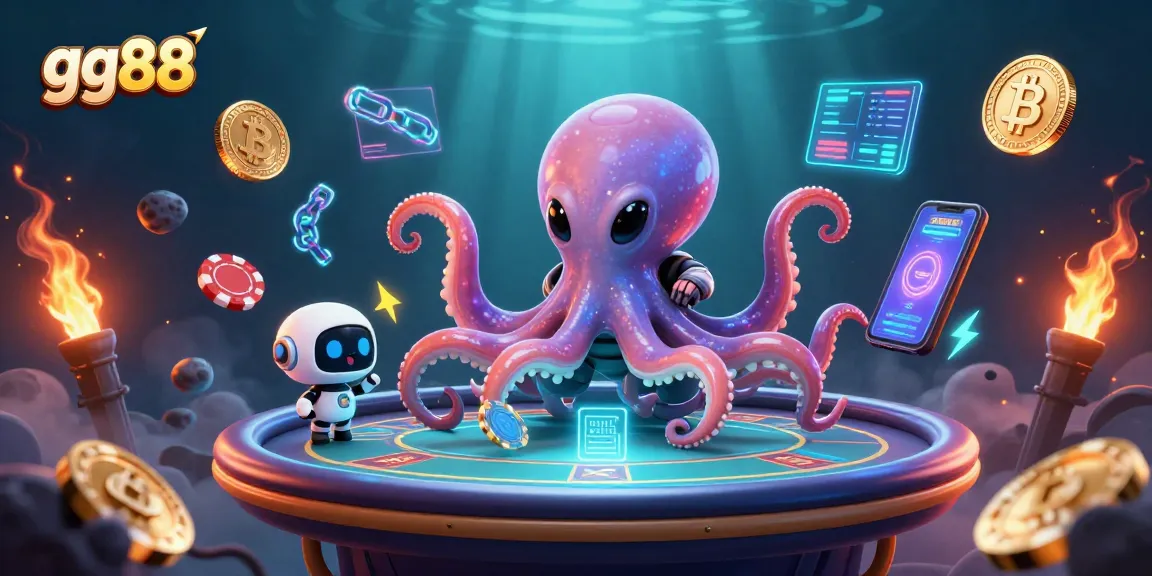 Play thrilling games at gg88 with a 3D alien octopus and crypto elements in a vibrant casino scene.