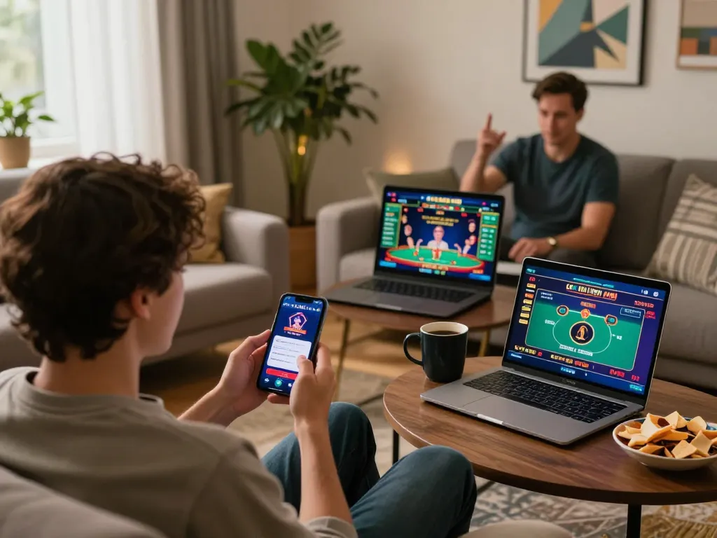 Experience immersive gaming with okfun com app on smartphone while relaxing at home.