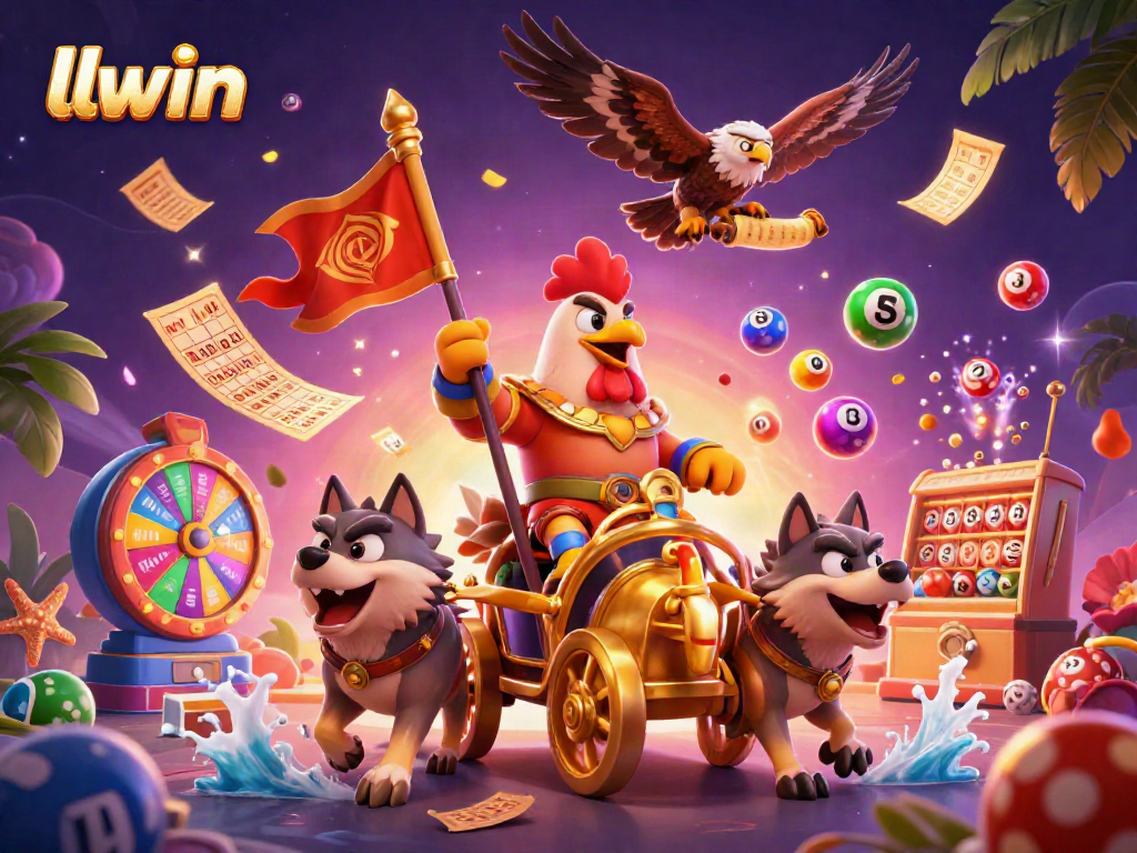Engage in the thrill of llwin with a vibrant scene of a rooster warlord and lottery themes.