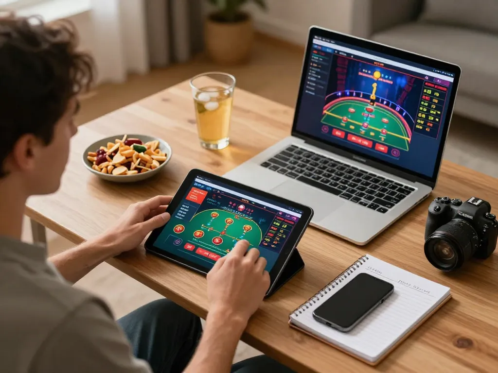 Person strategizing on F8BET sports betting using tablet and laptop in a cozy home setup