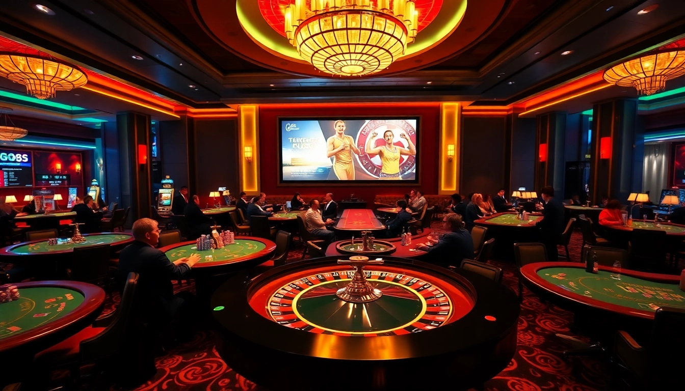 Experience the thrill of "trực tiếp bóng đá hôm nay" at our vibrant casino with gaming tables and excited players.