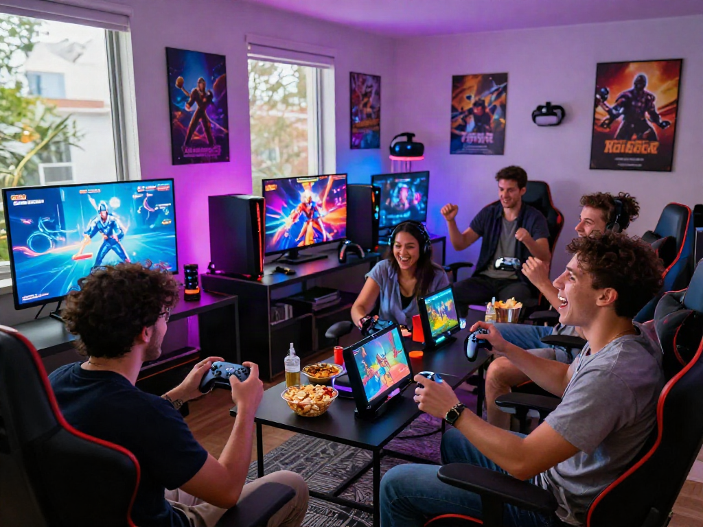 Friends enjoying an exciting gaming night with porn games, colorful LED room lighting, and modern gaming setup.