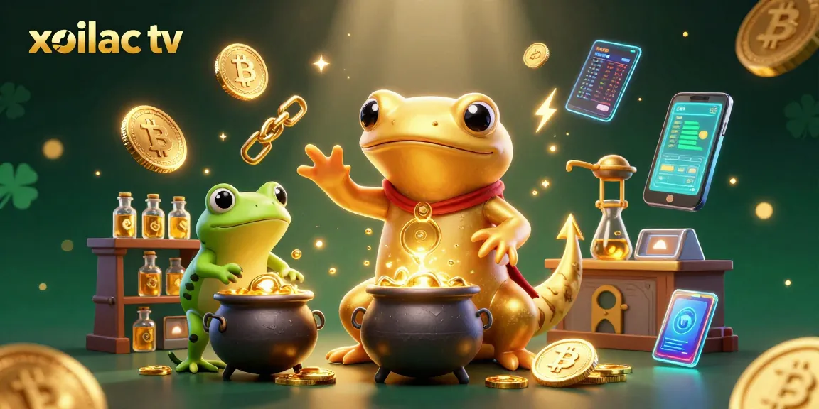 Xoilac TV showcases a vibrant sports betting scene, rich in gold coins and crypto elements.