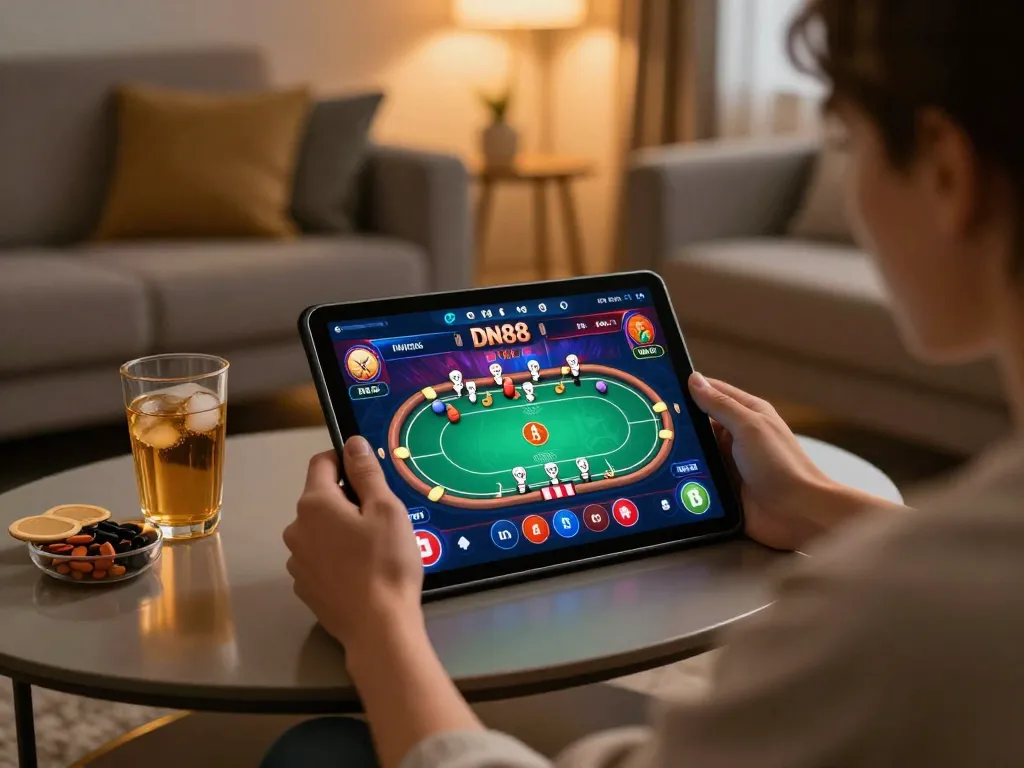Player engaged in poker gameplay at DN88 online casino, showcasing immersive mobile gaming experience.
