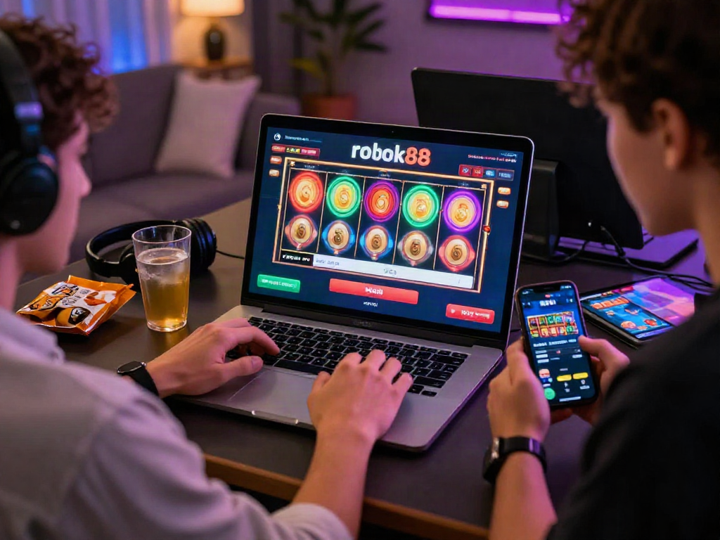 Exciting moment during rokok88 slot login at home, showcasing vibrant online gaming experience with colorful slot reels.