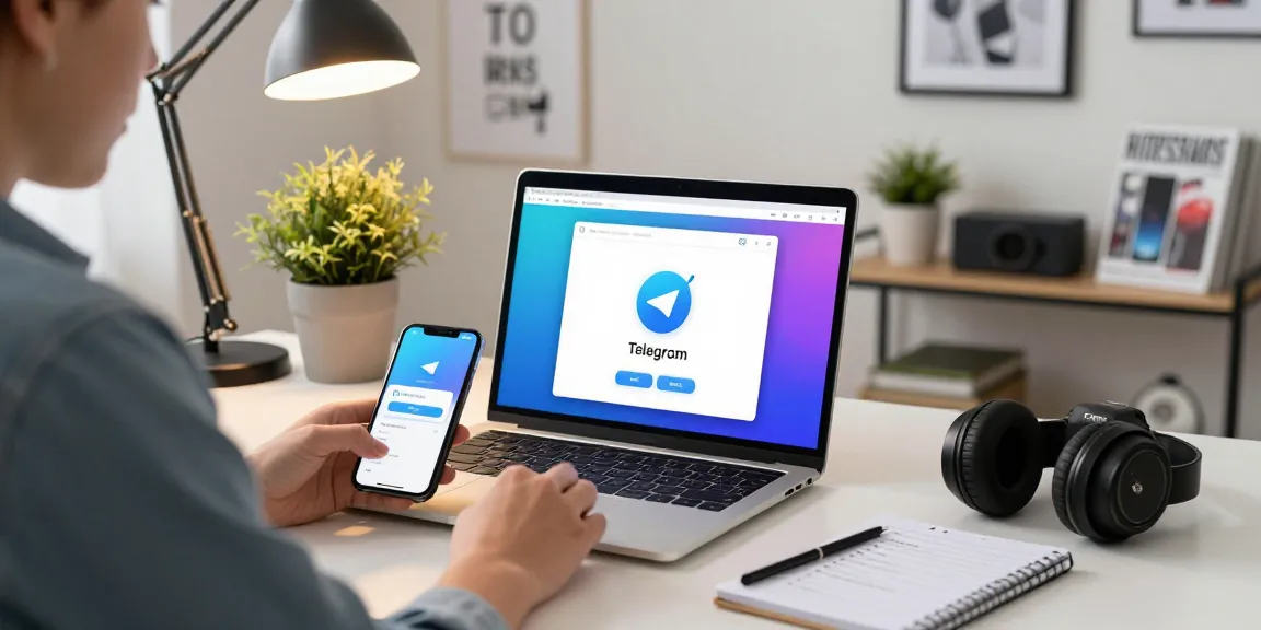 Engaging Telegram Download scene in a modern workspace, featuring a user downloading the app on a laptop amidst tech gadgets.