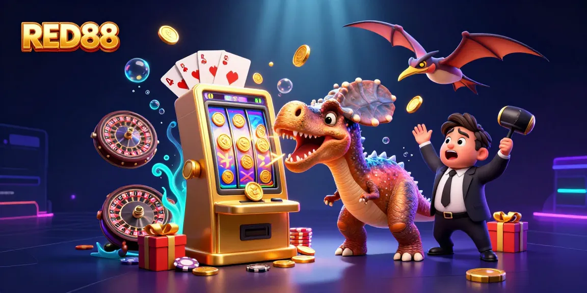 Experience the excitement of RED88 as a dinosaur wins big at the slot machine, showering coins everywhere.