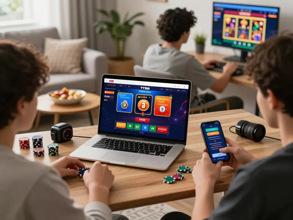 TT88 online gambling platform with diverse players enjoying poker and slots in a cozy home setting.