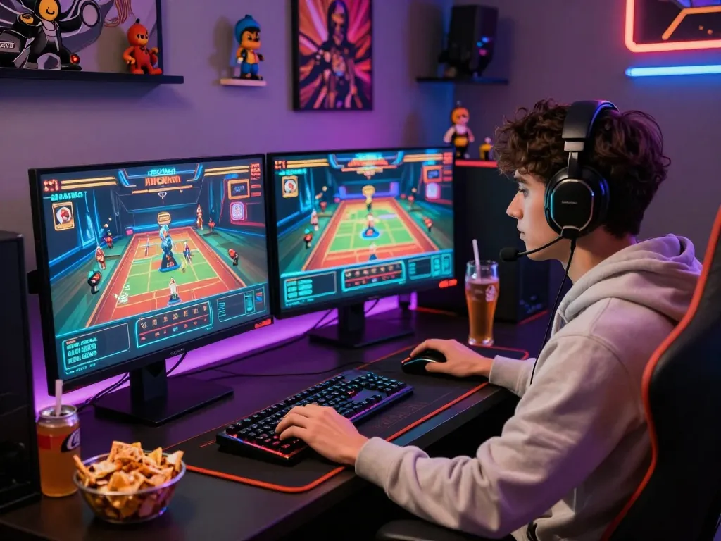 Engaging online gaming environment featuring a focused gamer at https://rikviprent.com with dual screens, customized gear, and vibrant atmosphere.