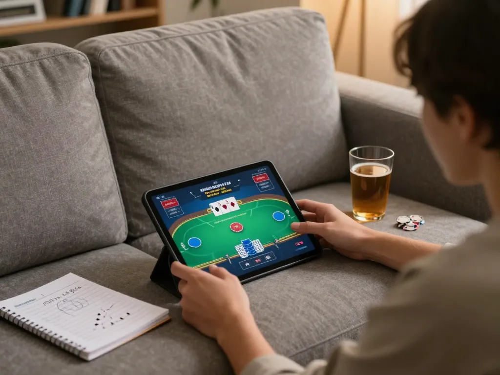 Engaging in online gambling with liên hệ net88 via a vibrant poker game on a tablet