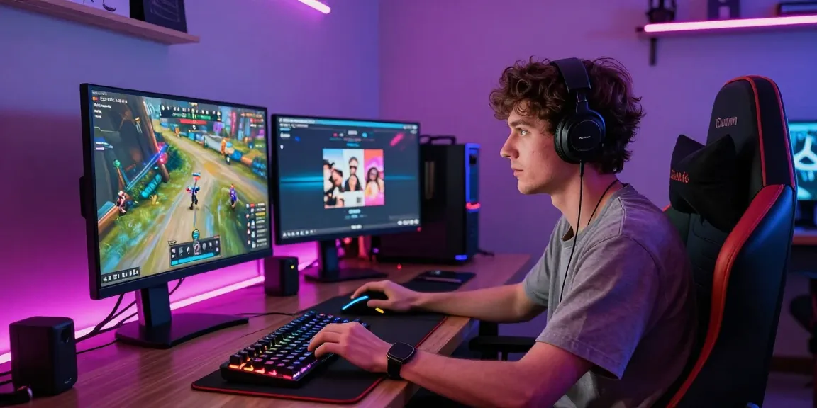 Exciting gaming setup with rokok88 gear showcasing vibrant RGB lights and a focused gamer.