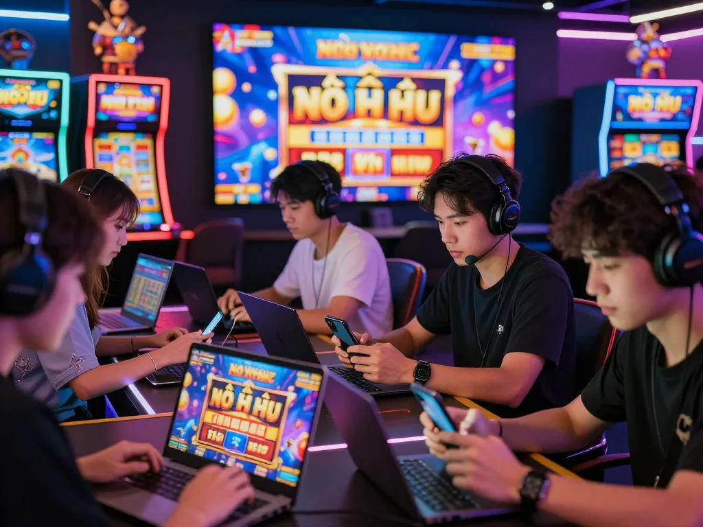 Engaging players enjoying game nổ hũ in a vibrant online casino atmosphere with colorful graphics and dynamic win alerts.