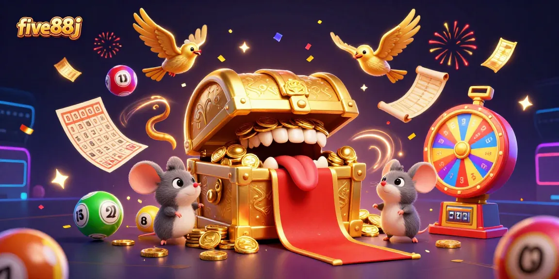 Engage with five88j's vibrant lottery excitement, featuring animated balls and golden treasures.