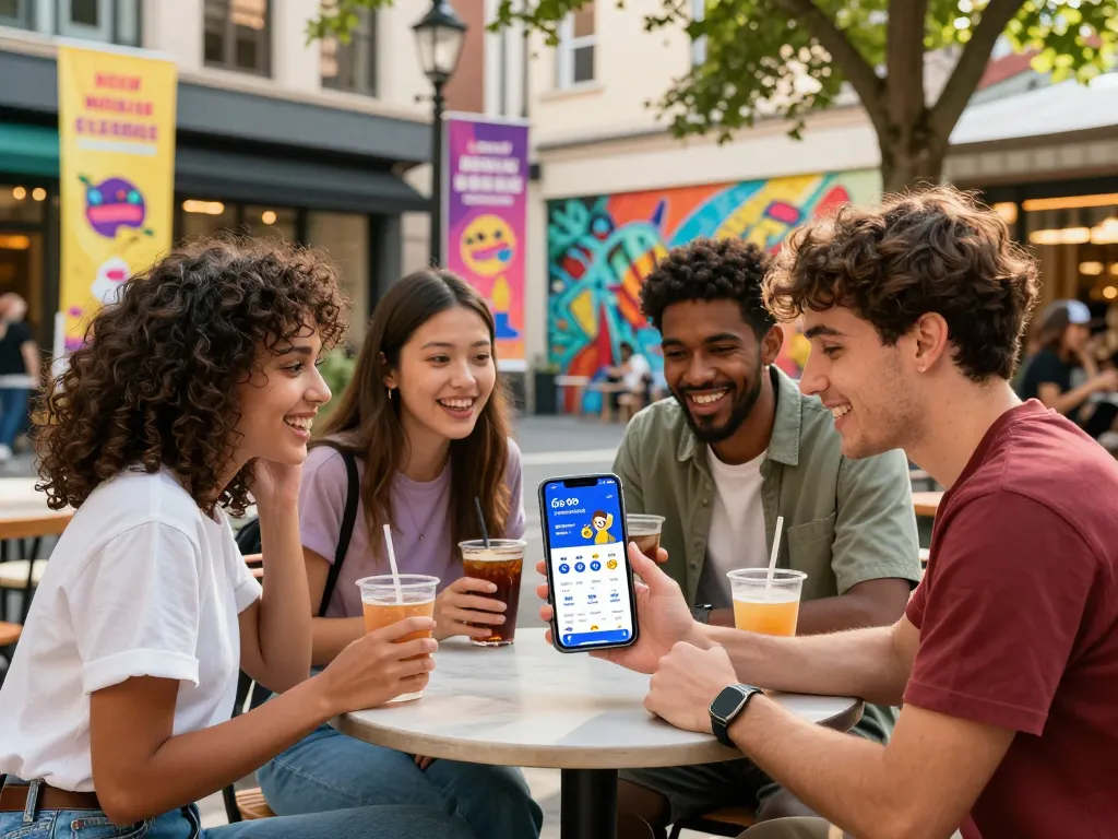 Friends enjoying the Go 99 mobile data plan together outdoors with vibrant urban backdrop.