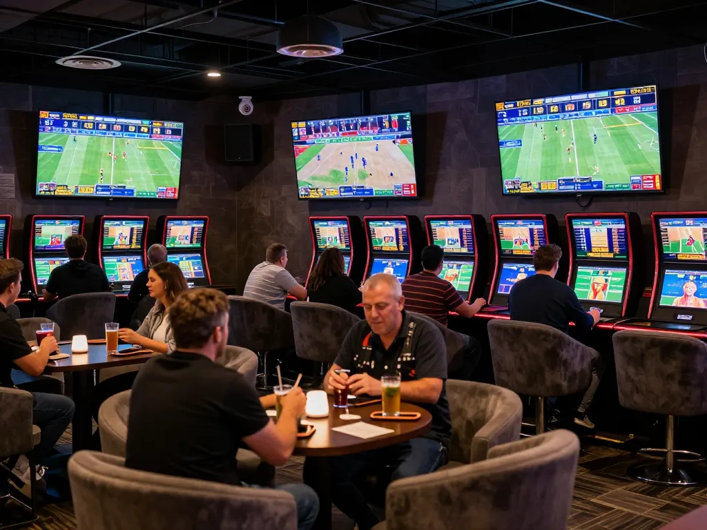 Tỷ lệ kèo nhà cái hôm nay shown on multiple screens in a lively sports betting lounge