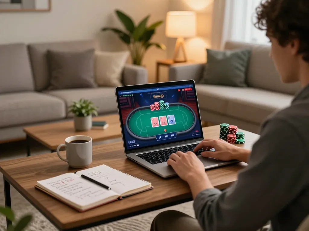 Player enjoying online casino gaming at home, showcasing the engaging experience at trang chủ lc88 with strategic focus and comfort.