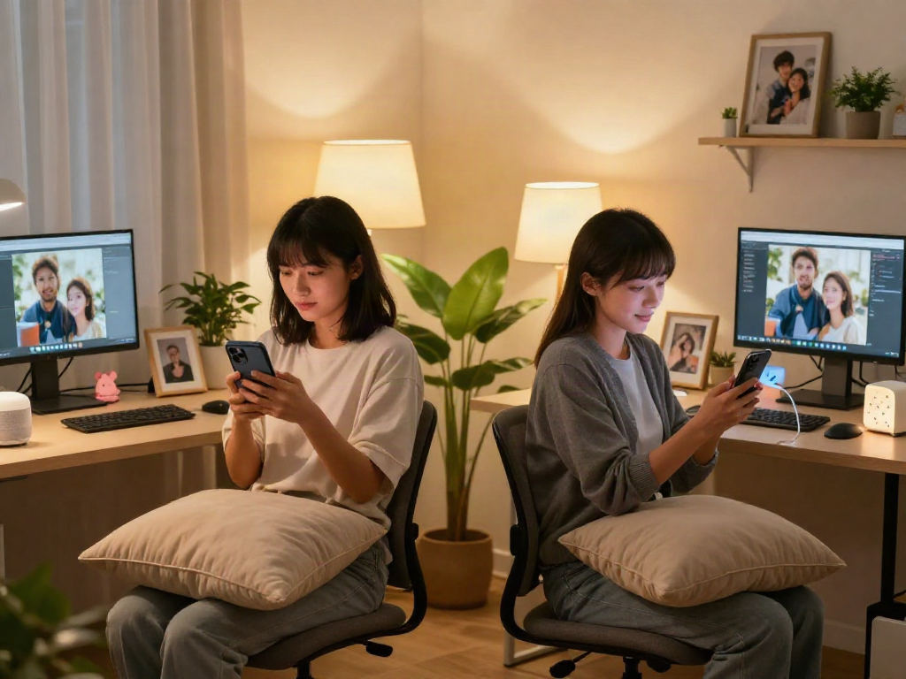 Sexting AI interaction scene showcasing a couple playfully engaging via smartphones in a cozy home office, illustrating modern digital romance.