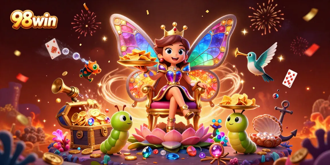 98win players enjoy a vibrant 3D gaming celebration with colorful gems, gold coins, and animated casino elements.