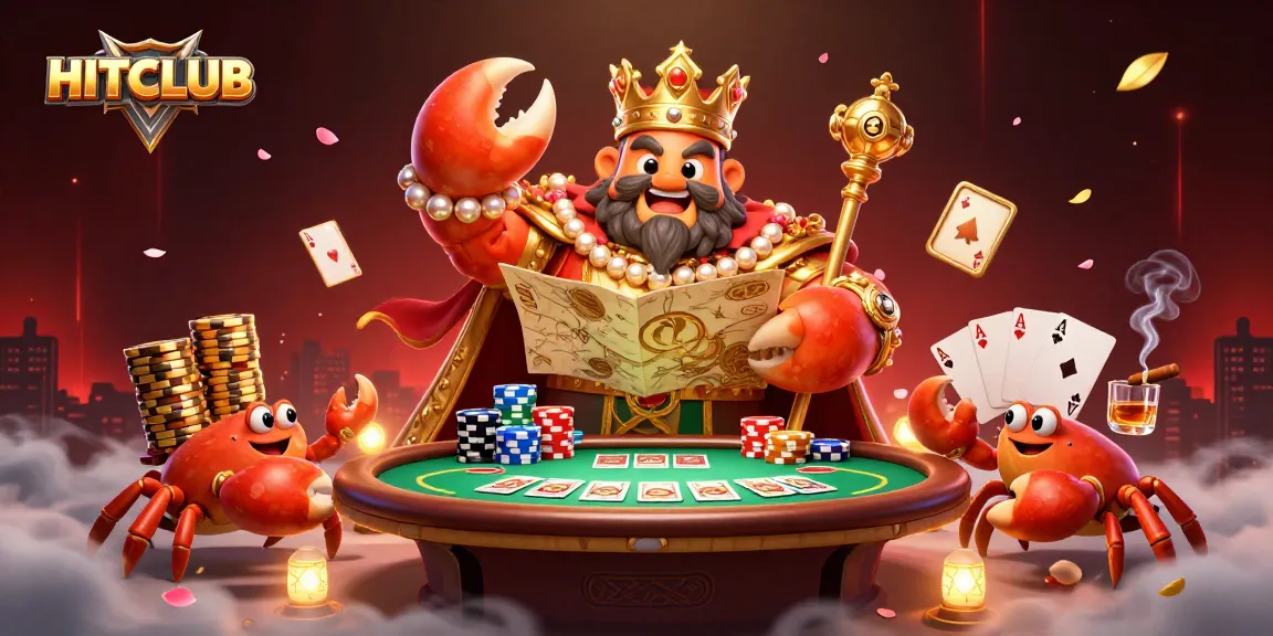 Engage with HITCLUB's vibrant casino experience surrounded by a golden crab emperor and dynamic game elements.