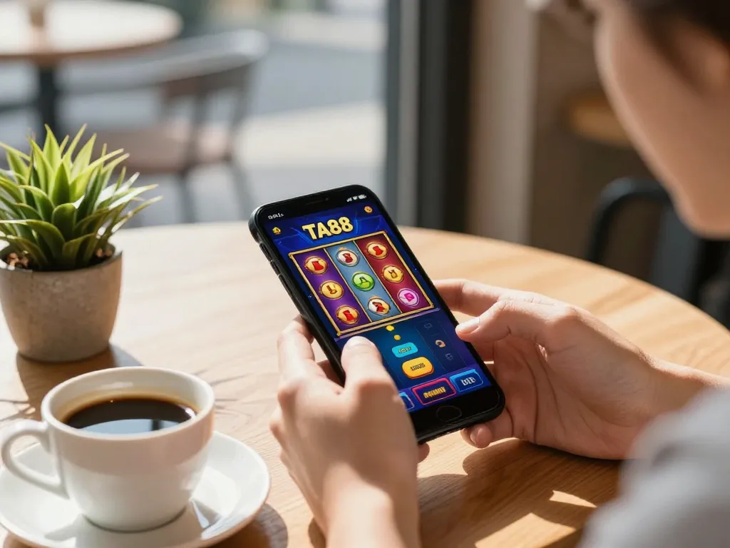 Player enjoying Ta88 mobile casino app with energetic slot gameplay at a cafe.