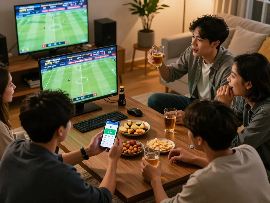 Friends using the go8 app for home sports betting strategies during an exciting game night.