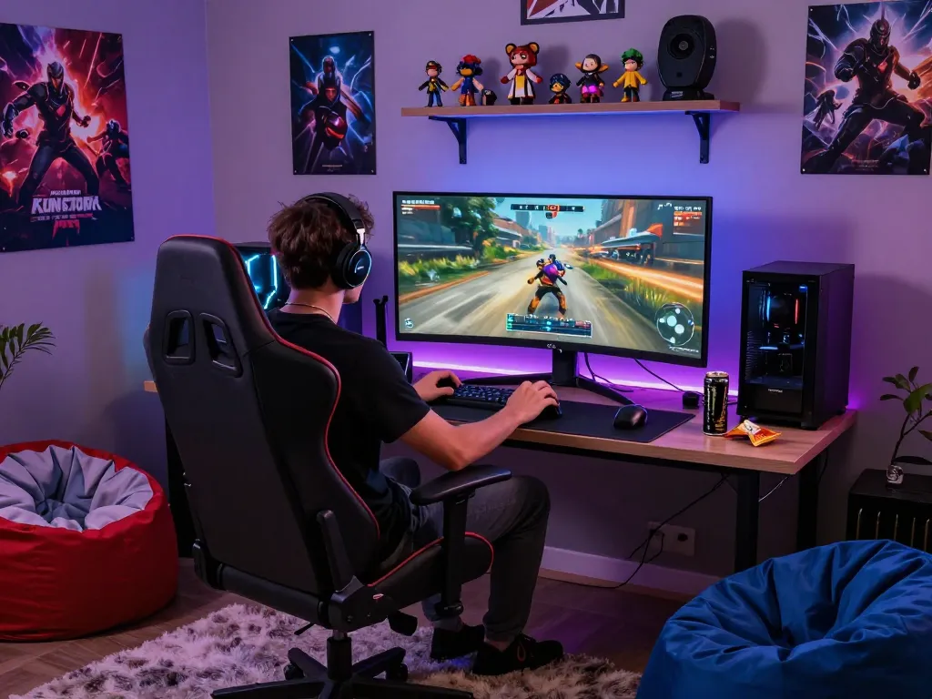 Engaging gaming setup featuring https://rikviprent.com on a large monitor, vibrant RGB lighting, and accessories.
