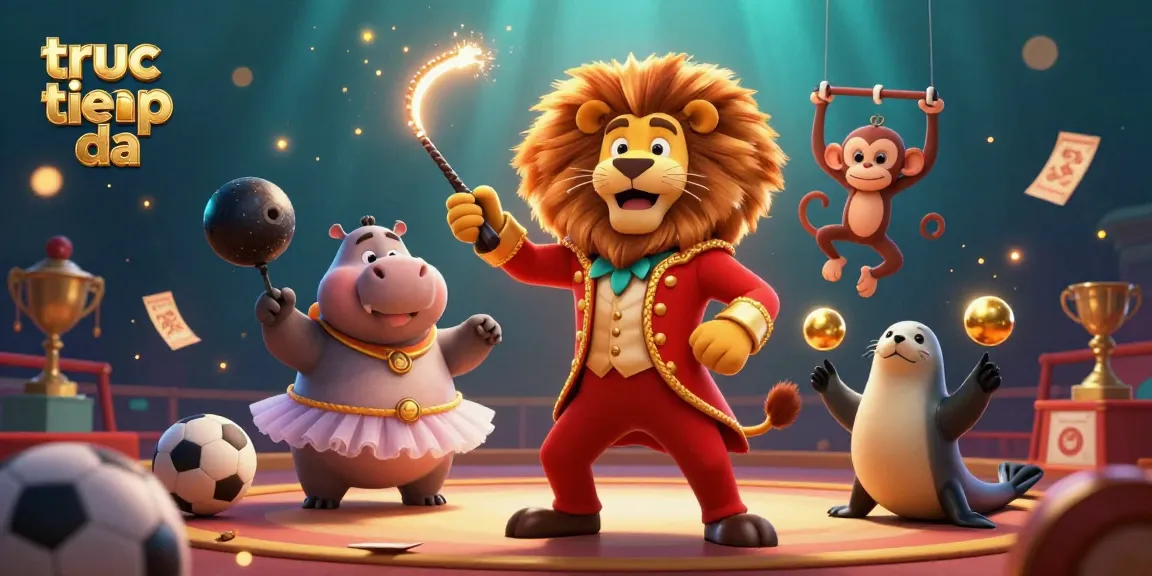 Experience live games with truc tiep bong da, featuring vibrant circus characters and dynamic sports elements.