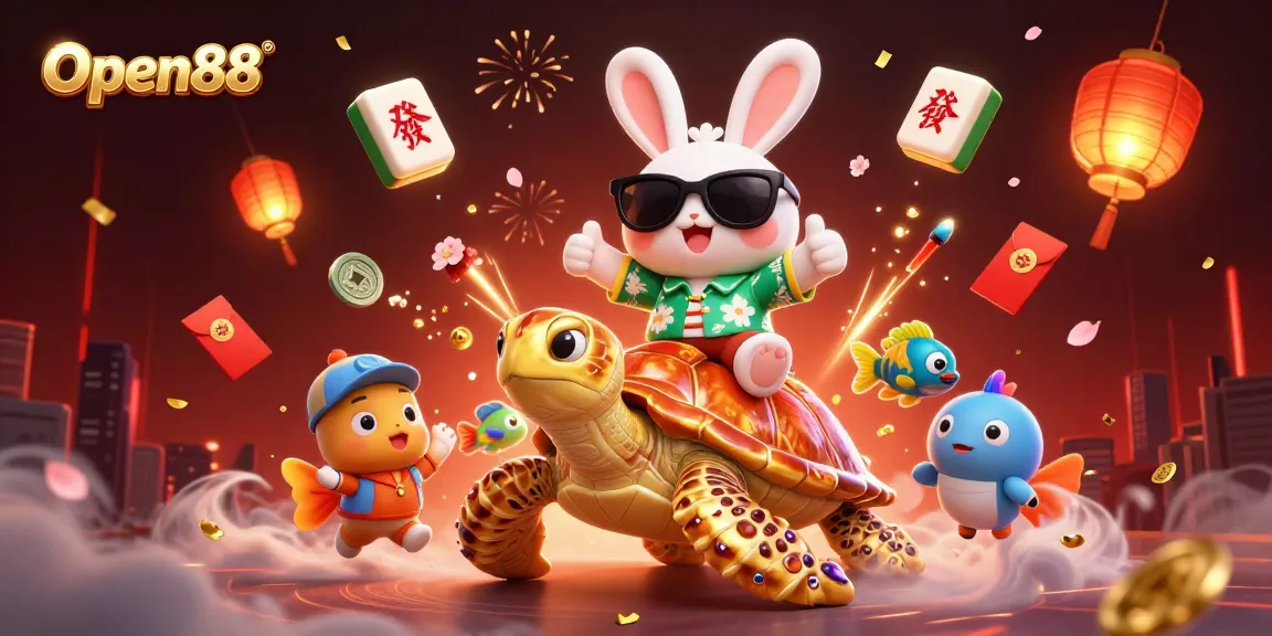 Open88 players celebrate big wins with a cheerful rabbit and golden turtle in a vibrant casino scene.