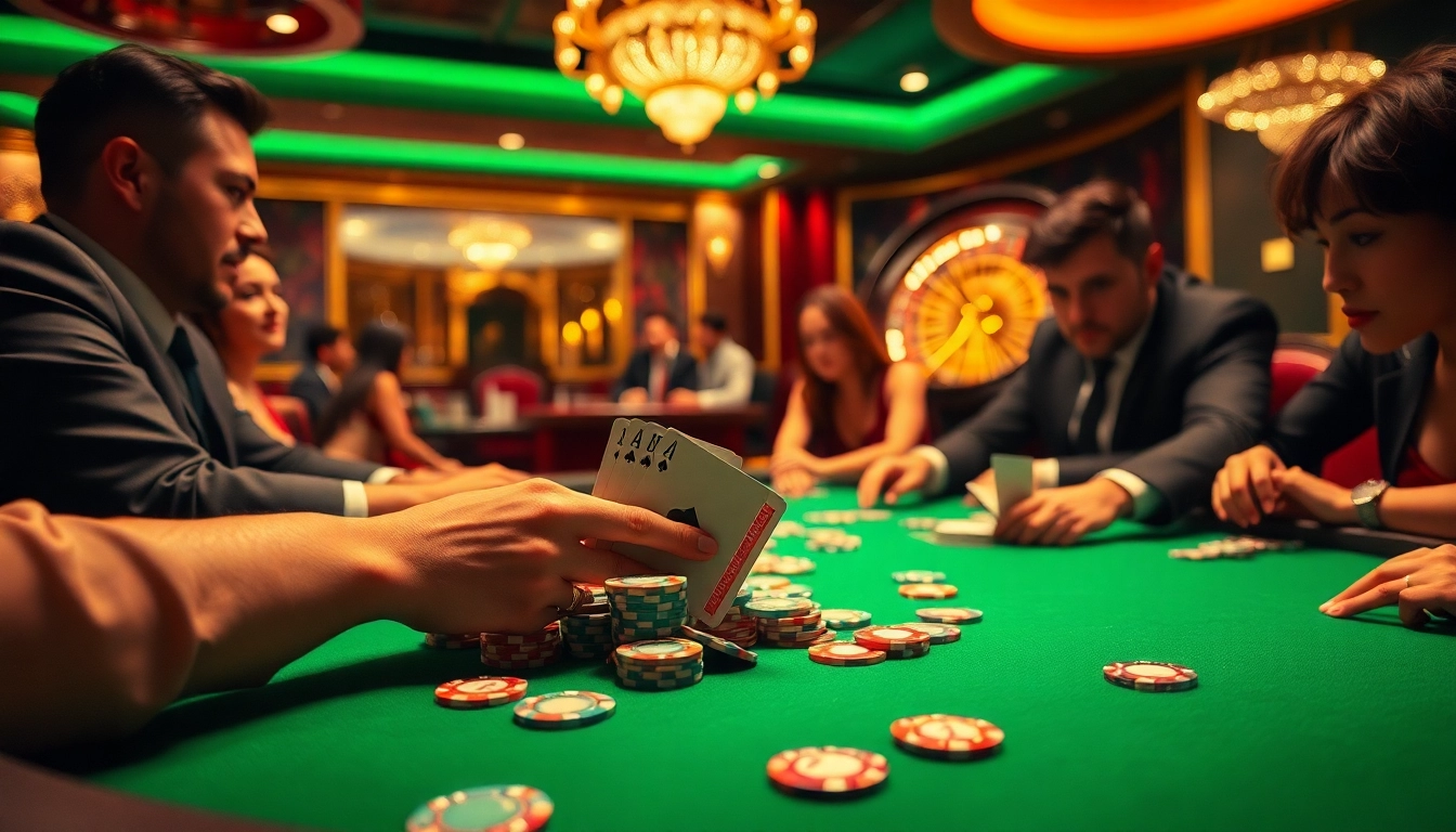 Exciting poker scene at an xo88 casino table showcasing vibrant chips and intense gameplay.