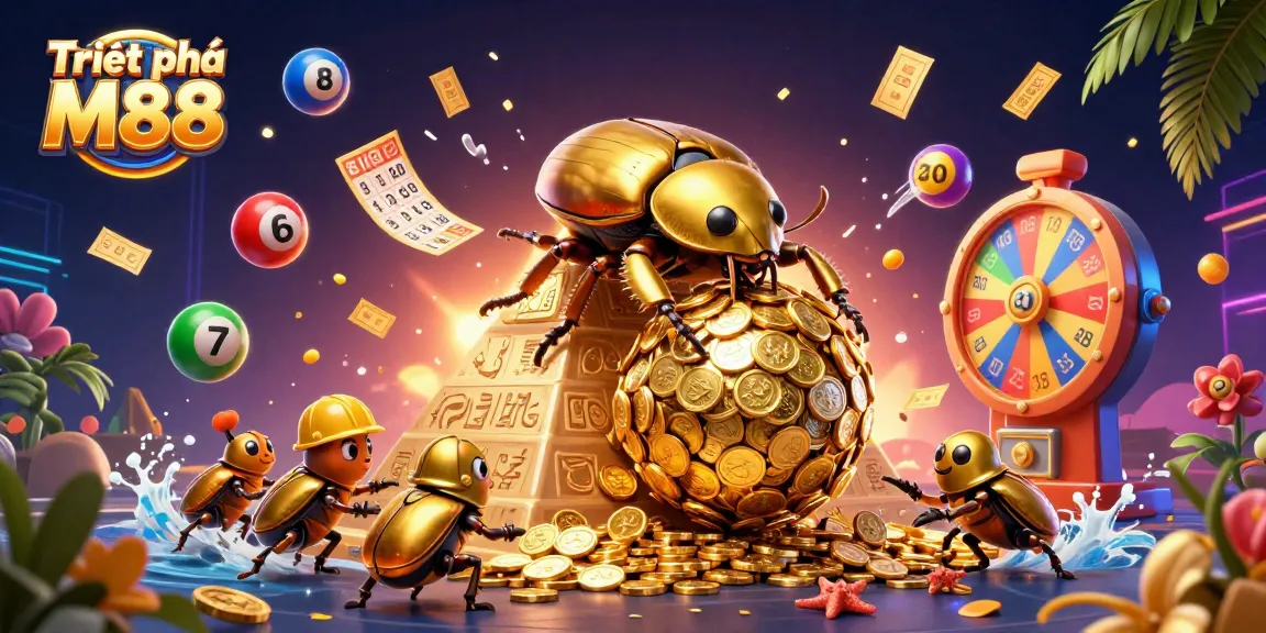 Triệt phá M88 showcases a dynamic scene of cartoon beetles rolling golden coins in a vibrant casino setting.