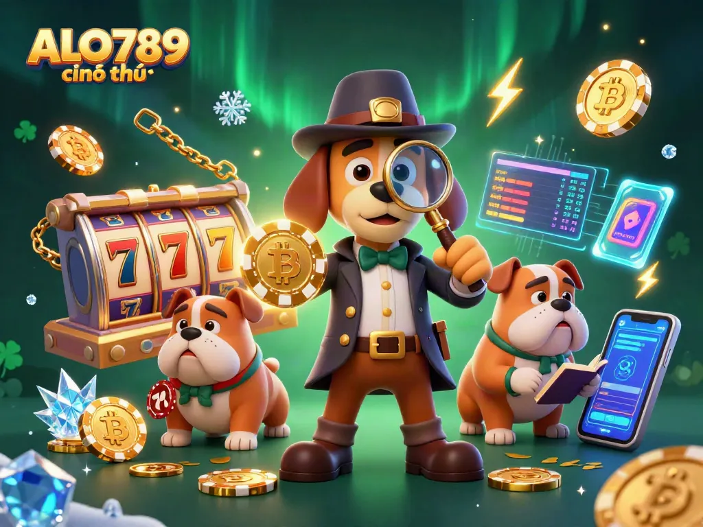Players engage with ALO789 chính thức's exciting slot games amidst a vibrant, detailed 3D casino illustration.