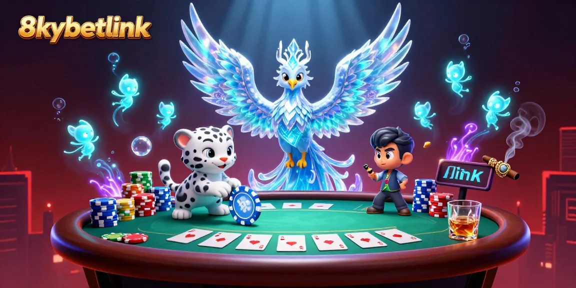 Engage in thrilling games at 8xbetlink with a vibrant scene showcasing a phoenix, poker chip, and casino elements.