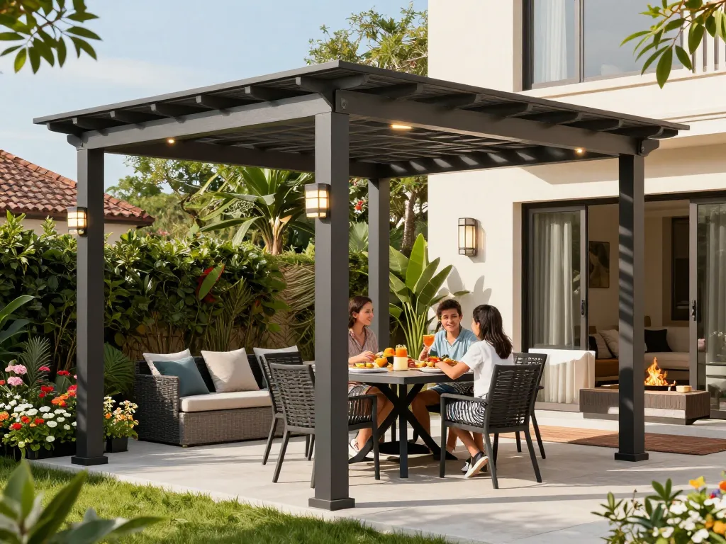 Modern configuratore 3D pergola in a sunny backyard with family enjoying outdoor dining.